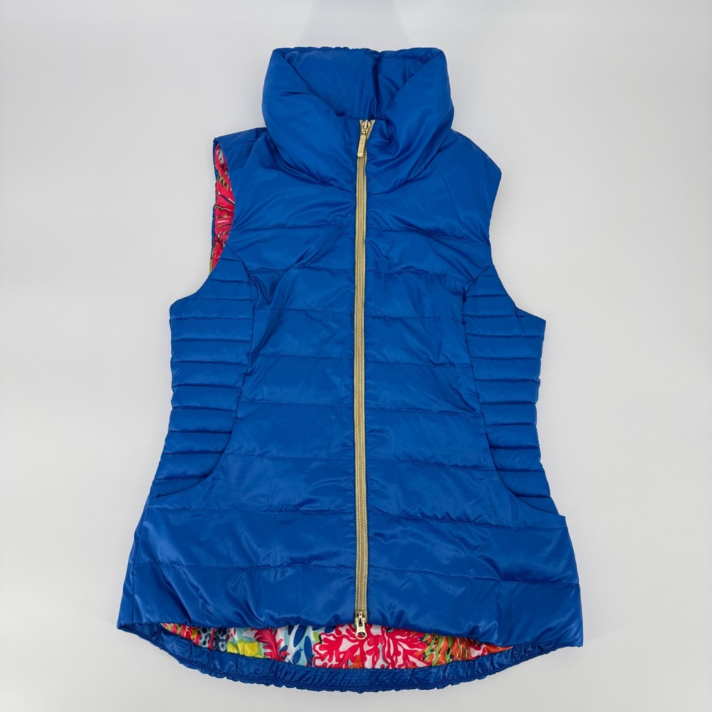 Lilly Pulitzer Reversible Puffer Vest Blue Coral Print Medium Down Feather Zip